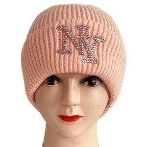 Men Women Rhinestones NY Winter Knit Fur lined Thick Beanie Hat - Pink
